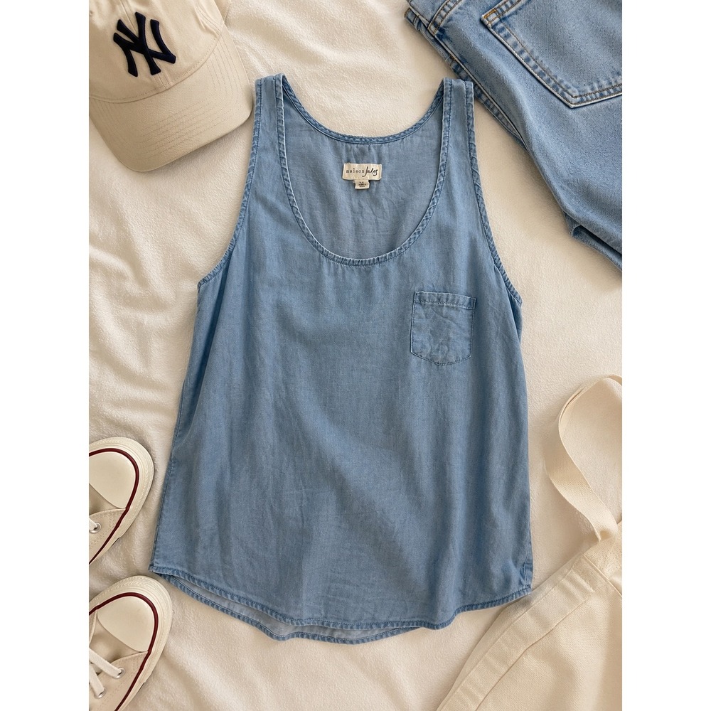 Maison Jules Womens Blue Tencel Chambray Tank Top Scoop Neck Pocket XS